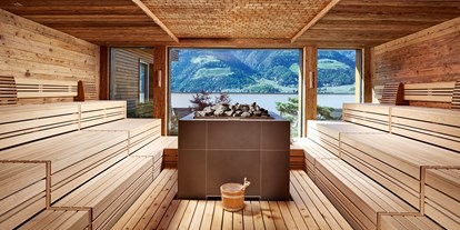 Mountainbike Urlaub - Schwimmen - Steinegg (Trentino-Südtirol) - Altholzsauna mit Ausblick 90 °C - Feldhof DolceVita Resort