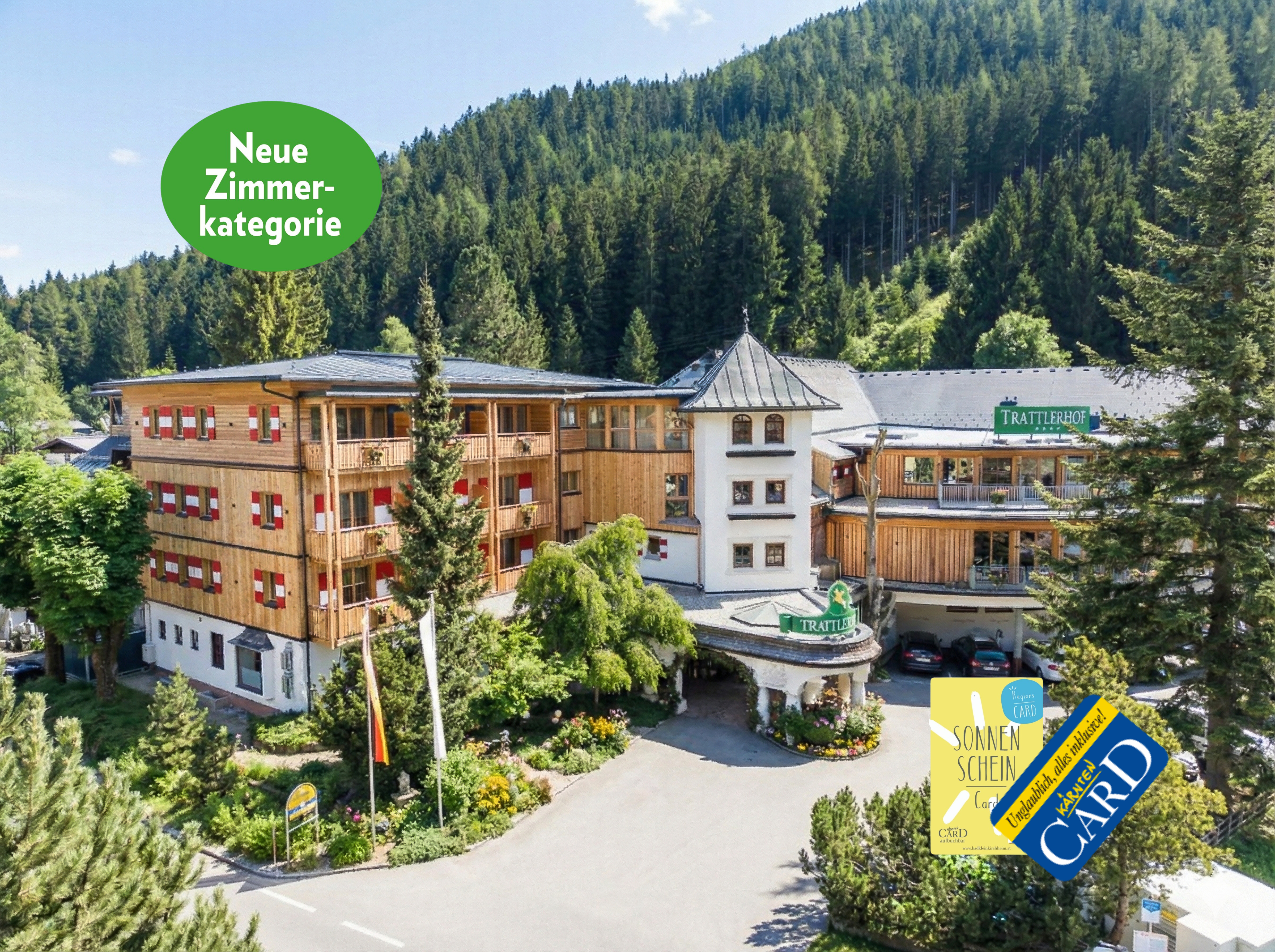 Mountainbike Urlaub - St. Georgen am Längsee - Außenansicht Hotel Sommer - neue Zimmerkategorie - Kärnten & Sonnenschein Card - Hotel GUT Trattlerhof & Chalets****S
